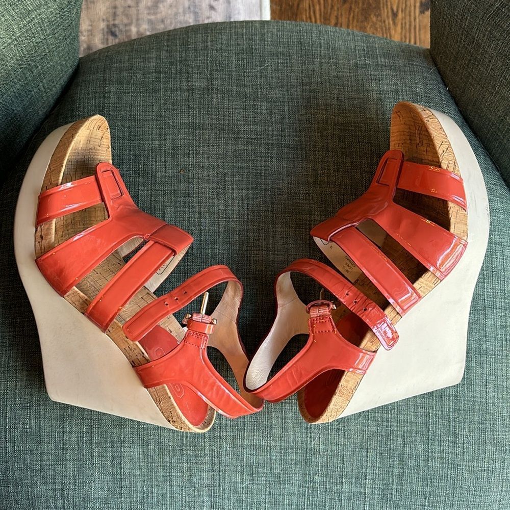 Coach Fran Wedge Ankle Strap Sandals Women sz 7 orange platform patient leather - Picture 7 of 9